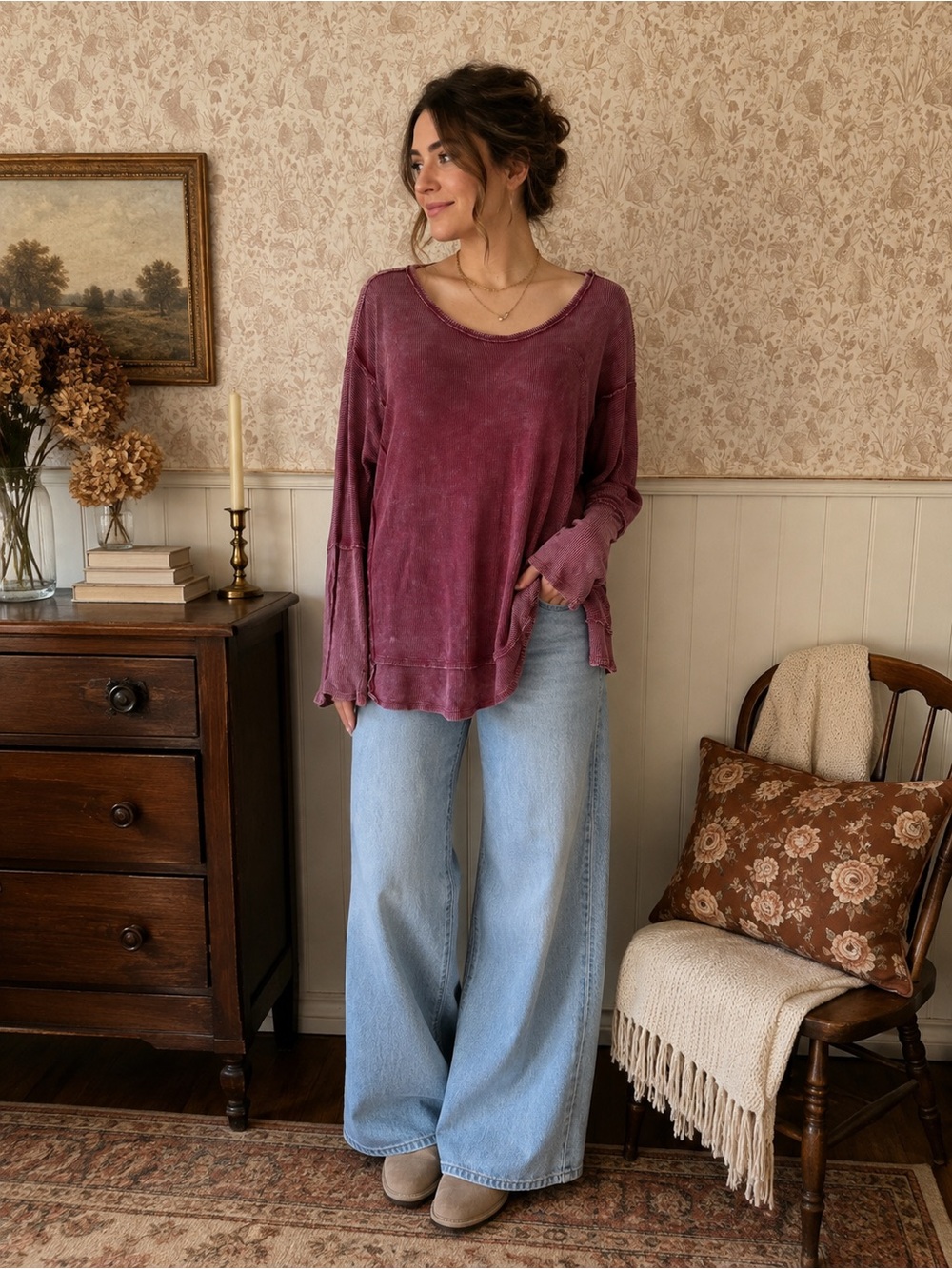 easel Washed Plum Long-Sleeve Scoop Neck Top
